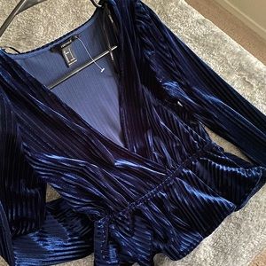 Glam plunge neck blue velvet long sleeve top